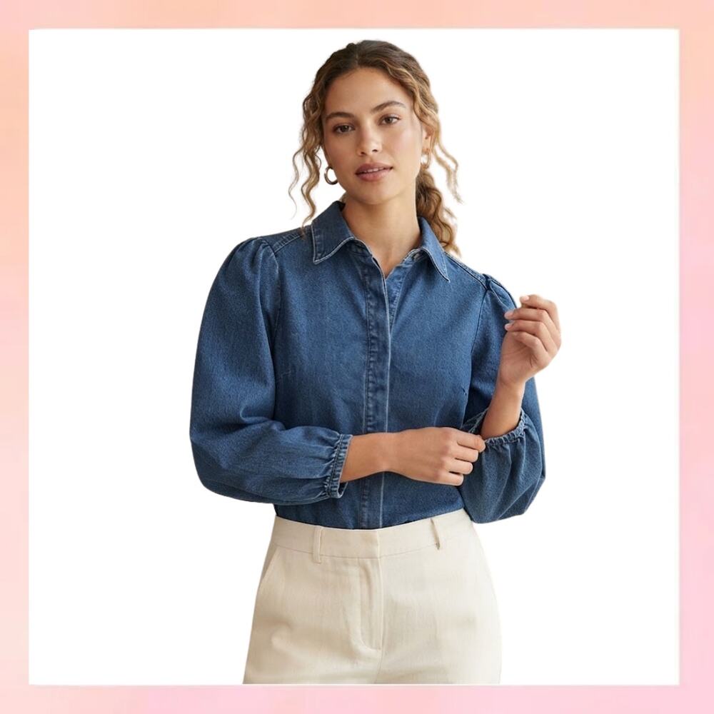 Scoop Blue Denim Bubble Sleeve Button Down Shirt Top Size L 12-14